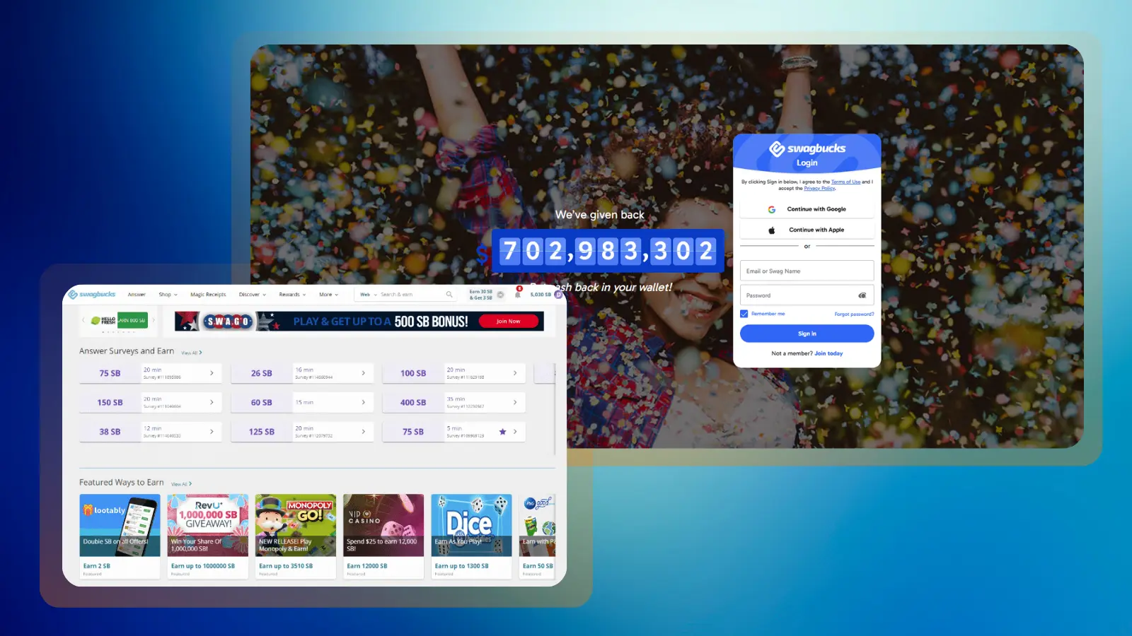 La página web de Swagbucks, que muestra a los usuarios cómo ganar dinero mediante encuestas, reembolsos, juegos y otras actividades en línea