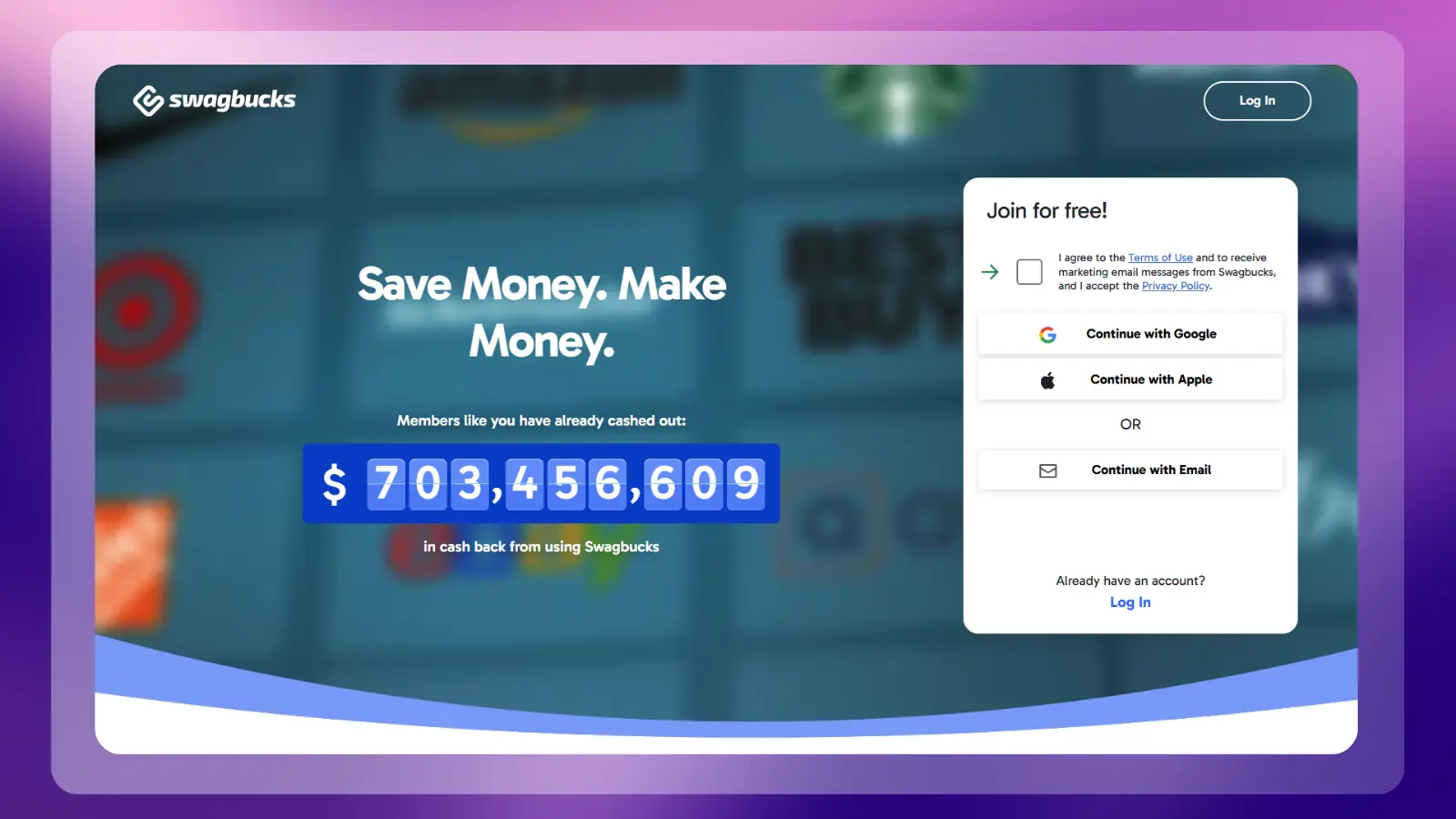 swagbucks website showing its rewards platform with options to earn cash back and rewards through online activities