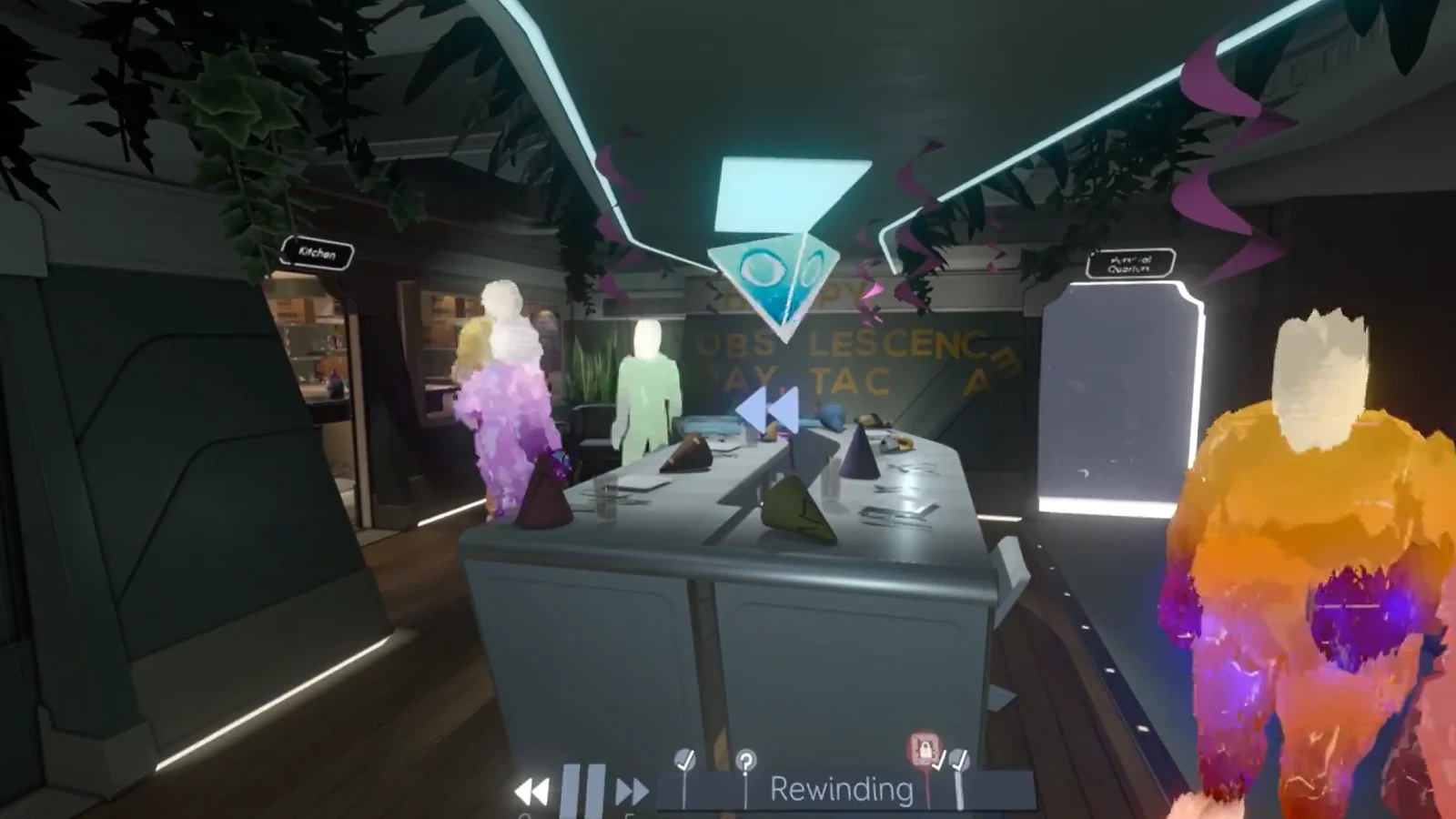 Tacoma gameplay showing holographic characters aboard a futuristic space station.