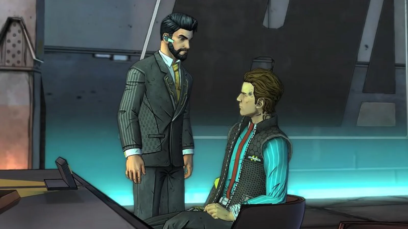 Tales from the Borderlands dialogue scene featuring two characters inside a futuristic room.