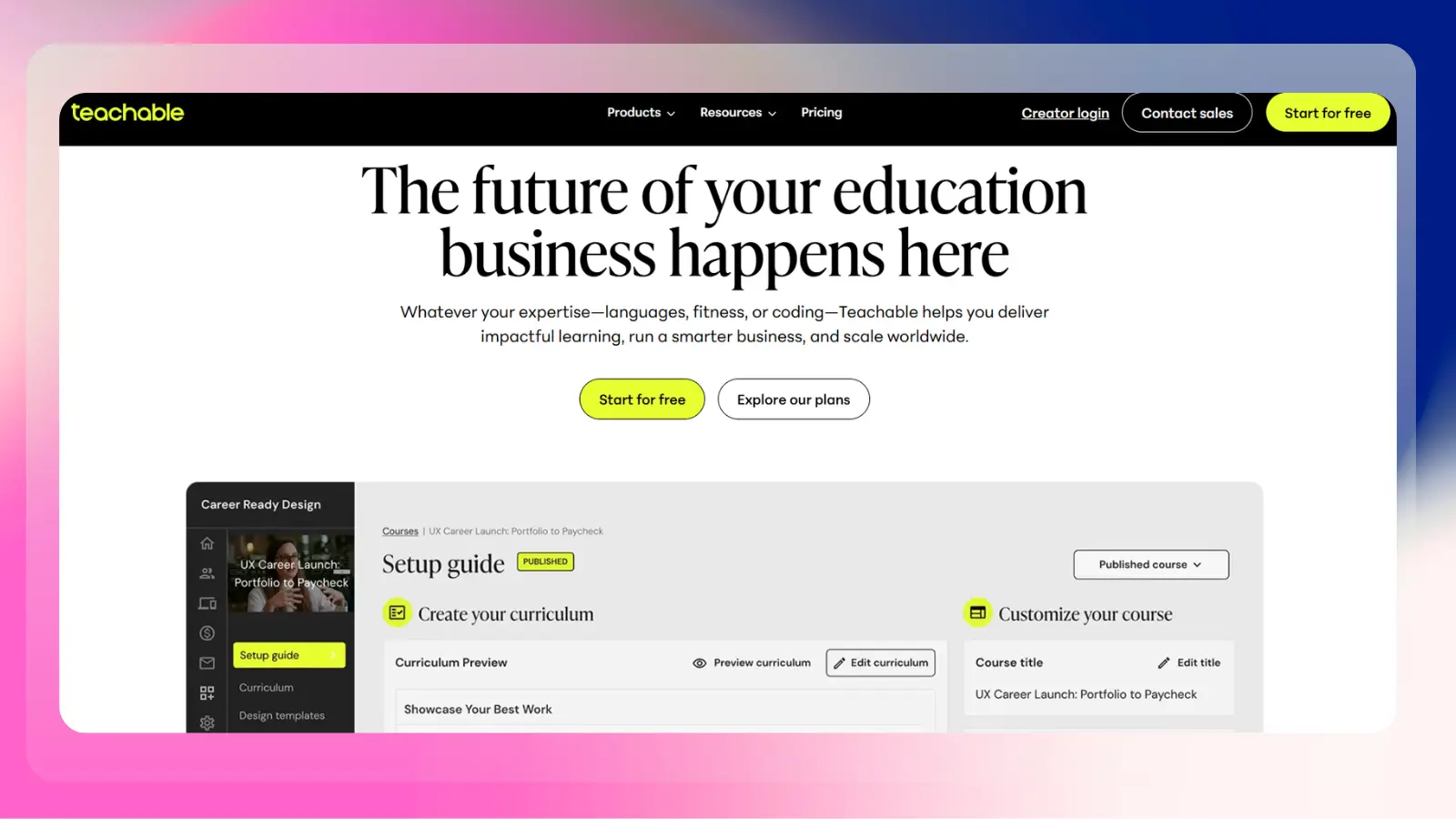 teachable website showing tools for creating and selling online courses