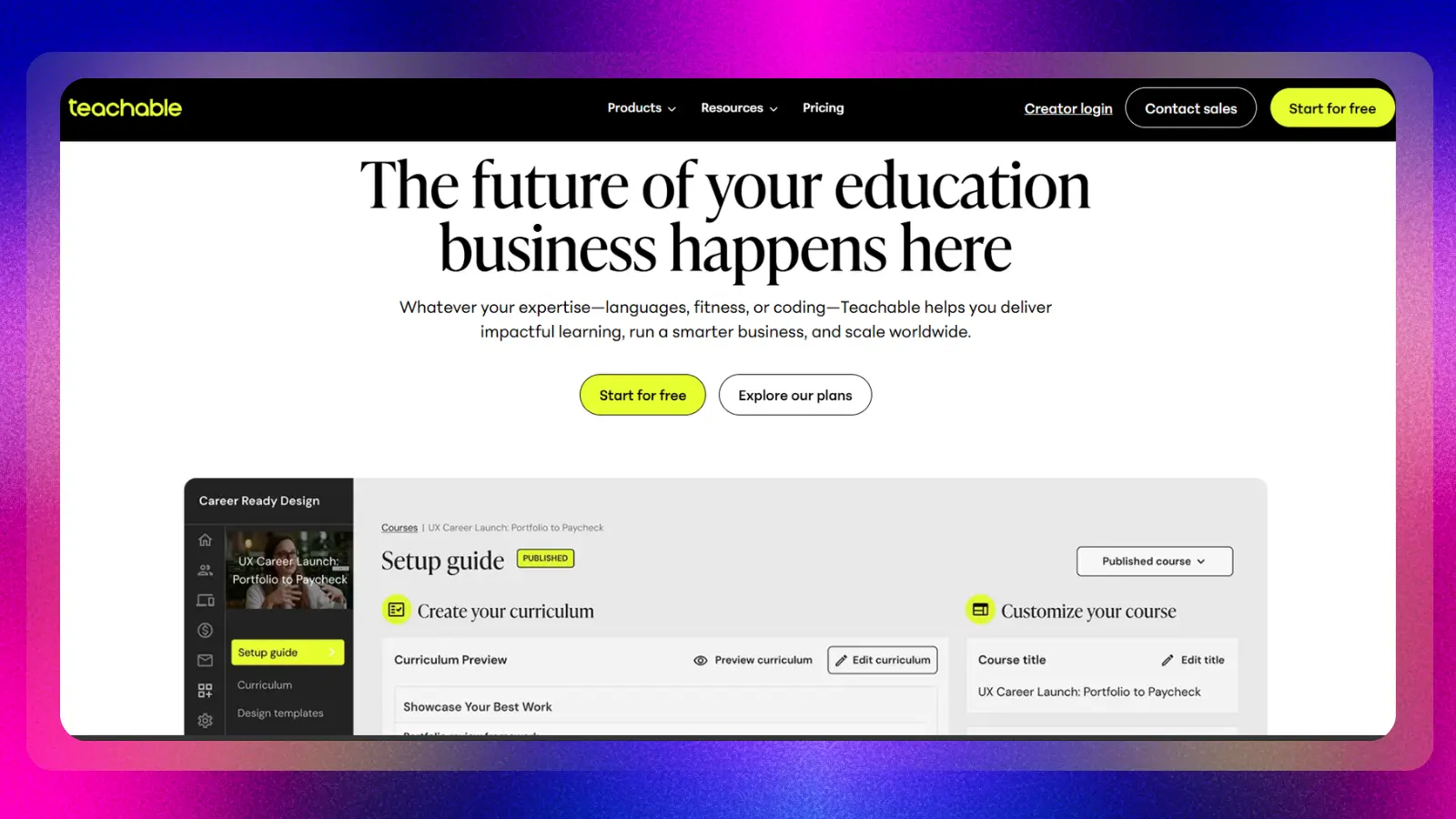 teachable website showing a platform for creating and selling online courses