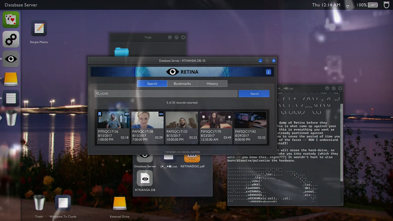 Telling Lies gameplay showing a desktop interface with multiple video files and windows.