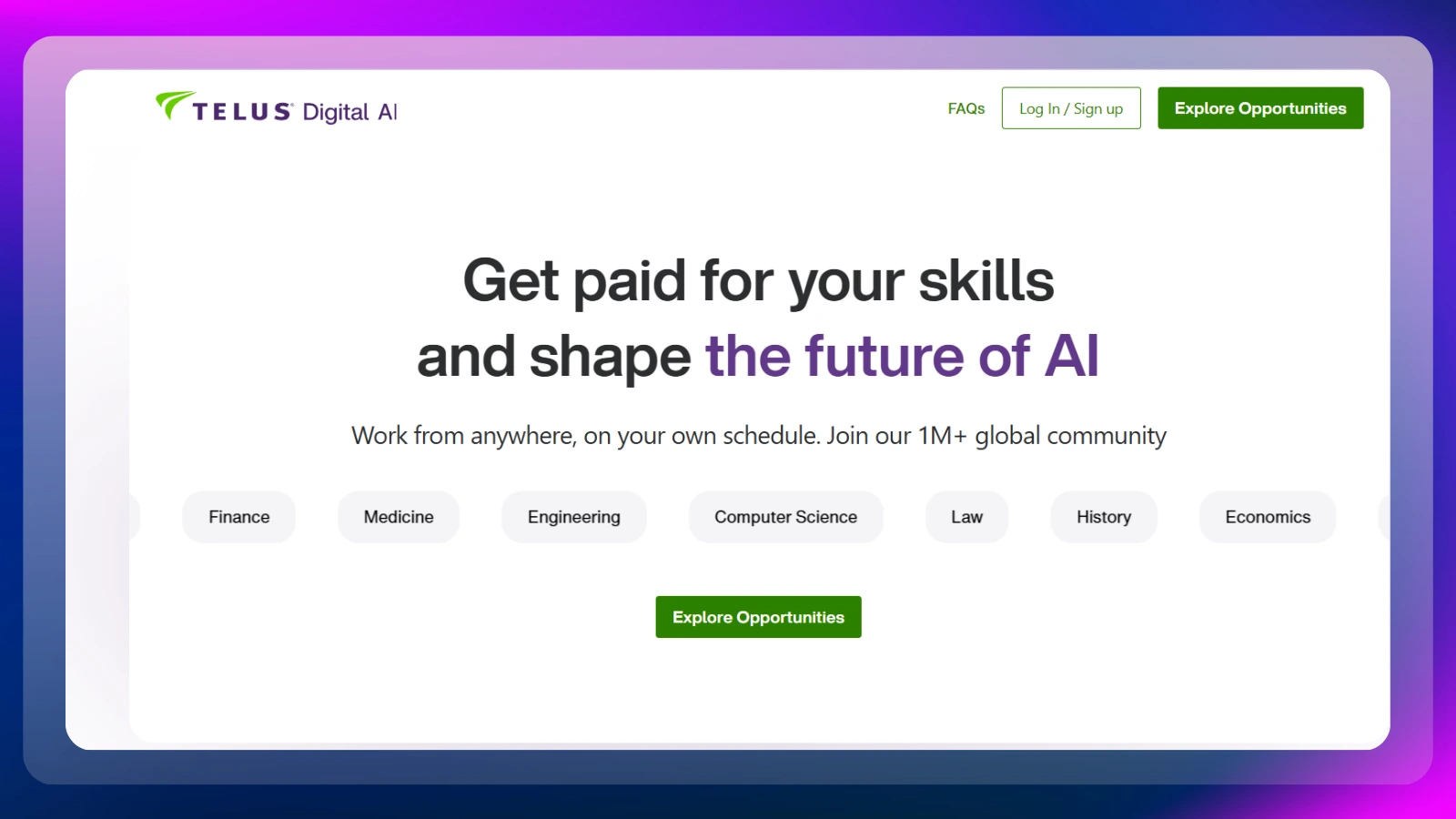 Página web de TELUS International AI que muestra oportunidades remuneradas para personas con habilidades relacionadas con la inteligencia artificial