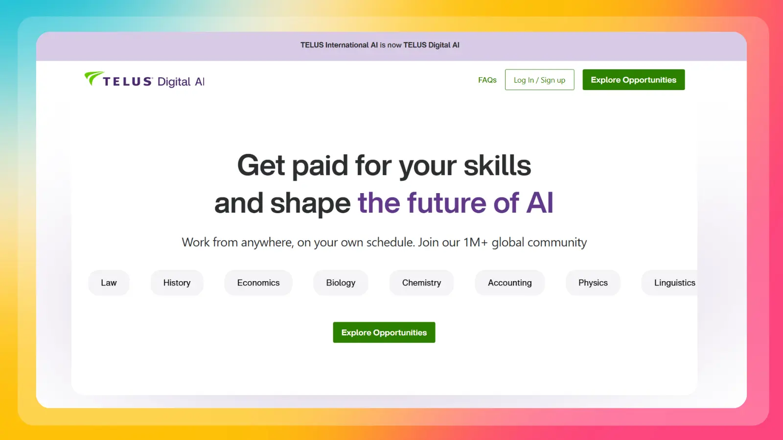 telus digital ai website showing opportunities to get paid for skills and shape the future of ai