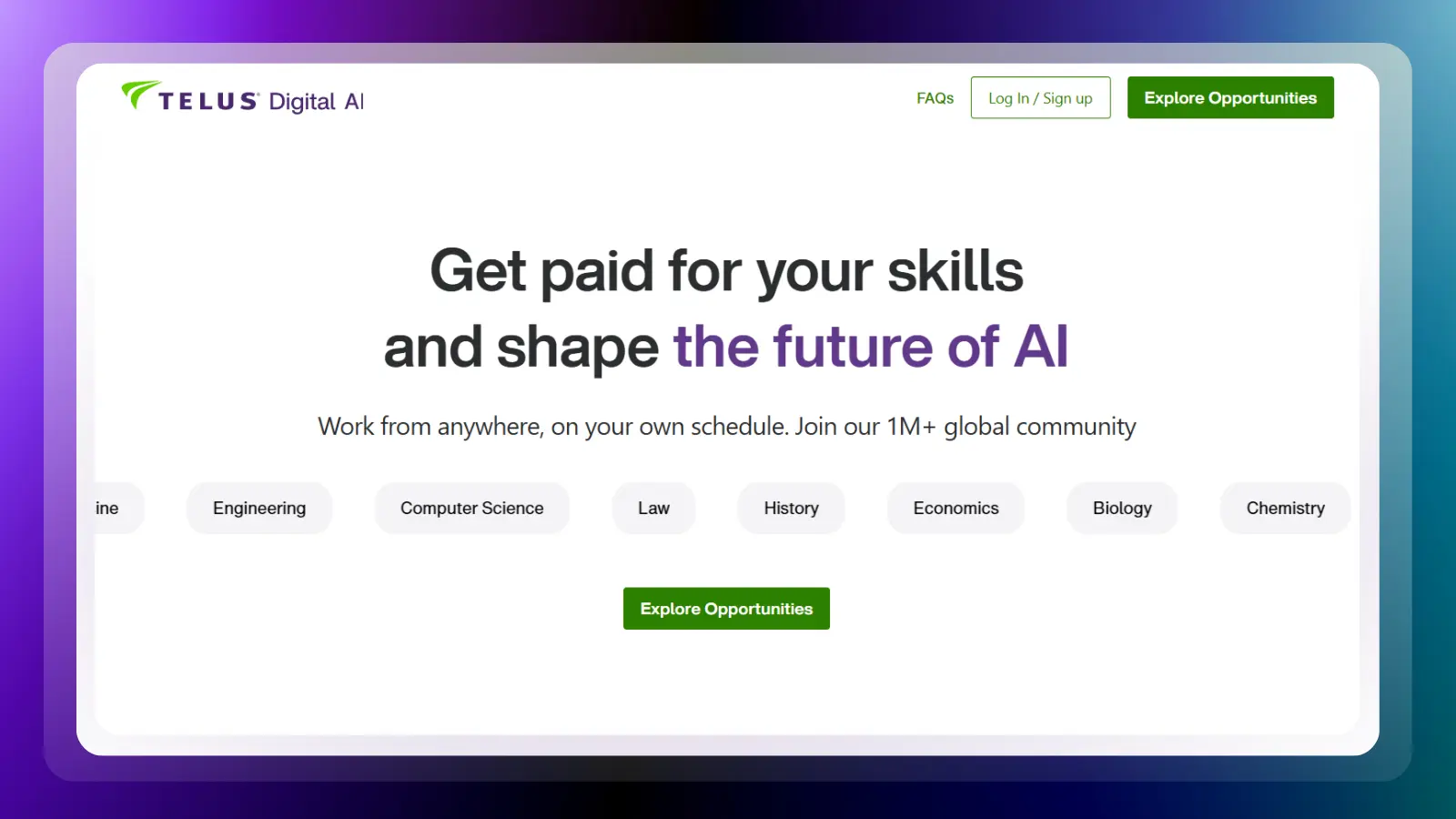 telus digital ai website showing opportunities to get paid for ai related skills