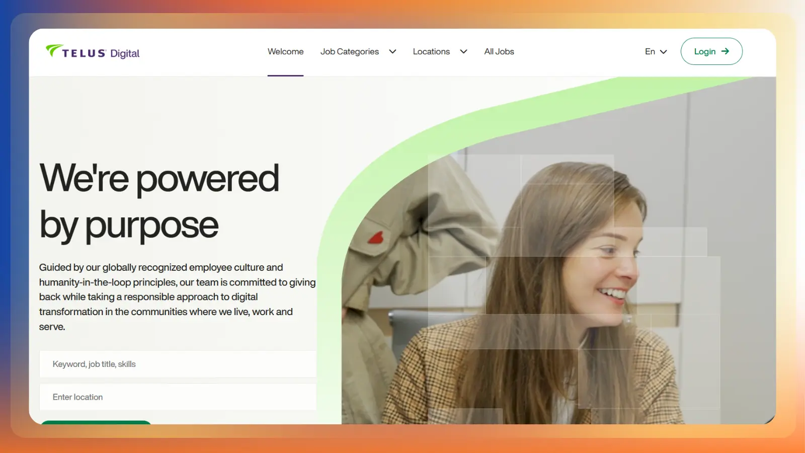 telus digital website showing work opportunities and job search options
