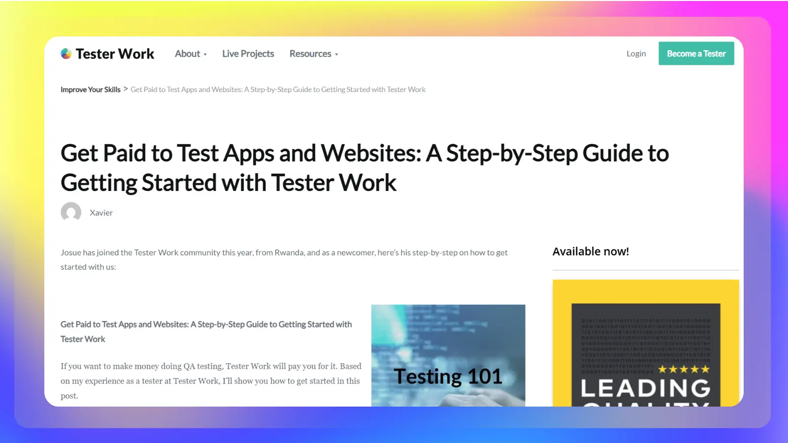 tester work website showing a guide to getting paid to test apps and websites