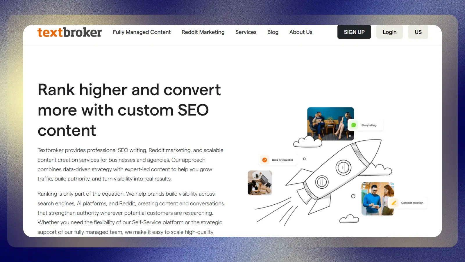 Página web de Textbroker que ofrece servicios de redacción SEO, creación de contenidos y marketing