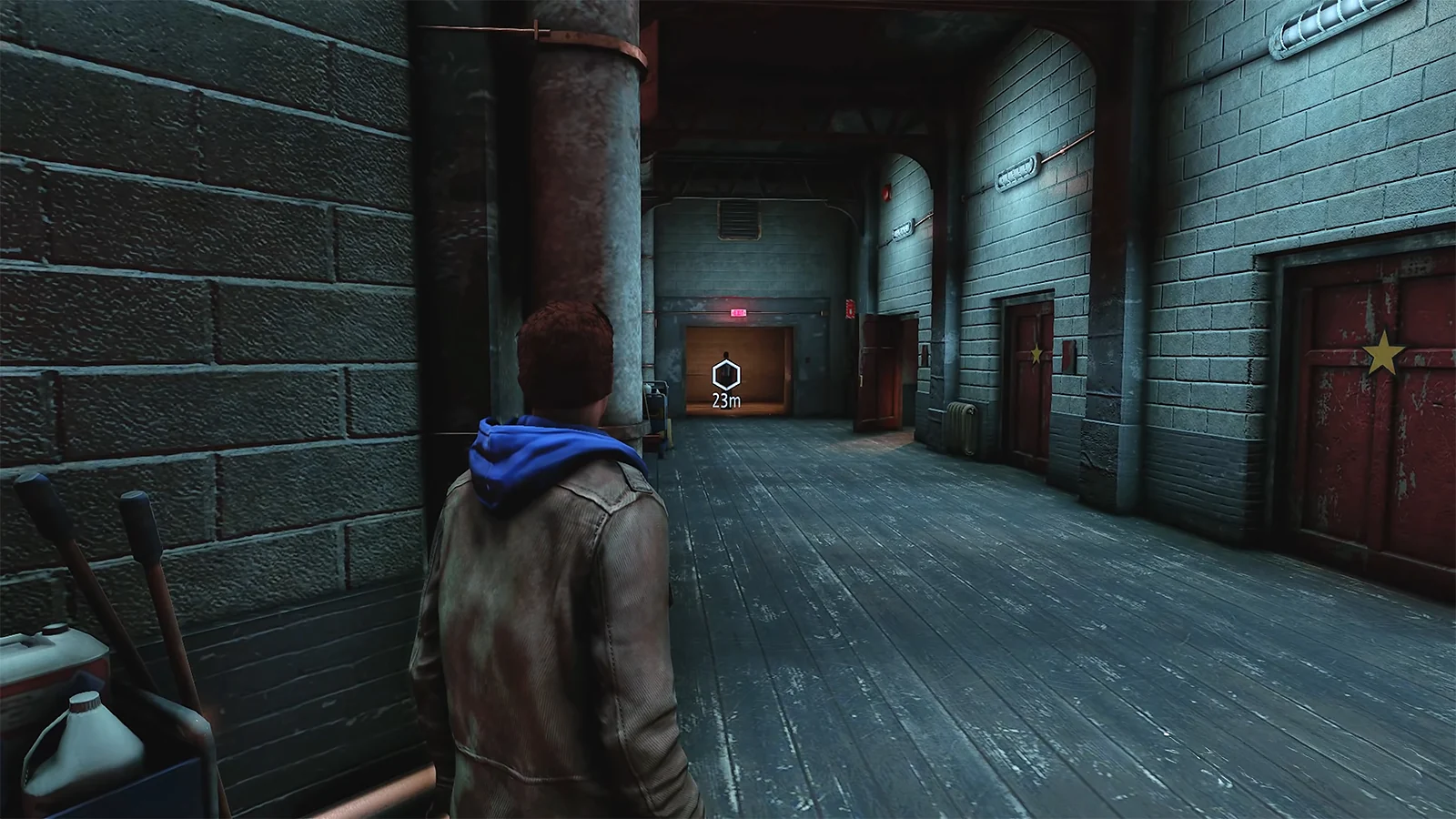 Peter Parker in civilian clothes trailing a target down a corridor