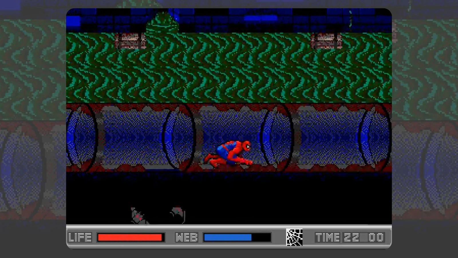 Spider-Man crawling through pipes