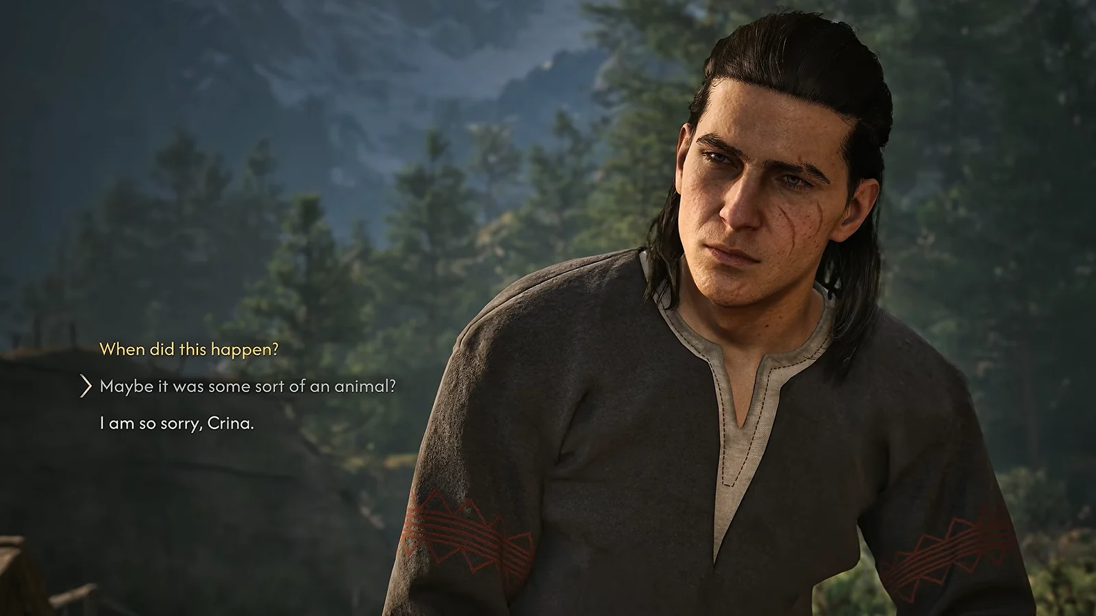 La scène de dialogue de « Blood of Dawnwalker » mettant en scène un homme aux cheveux foncés dans un décor médiéval.
