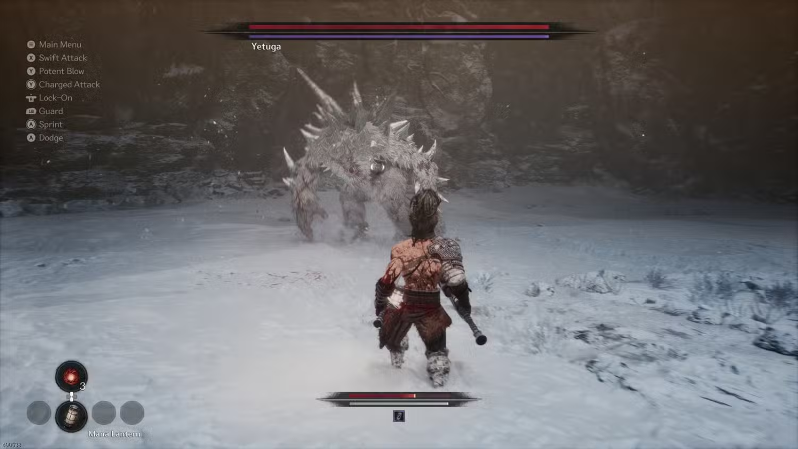 O Primeiro Berserker: Khazan. Um Khazan seminu, de pé na neve, a preparar-se para lutar contra um Yetuga gigante e branco
