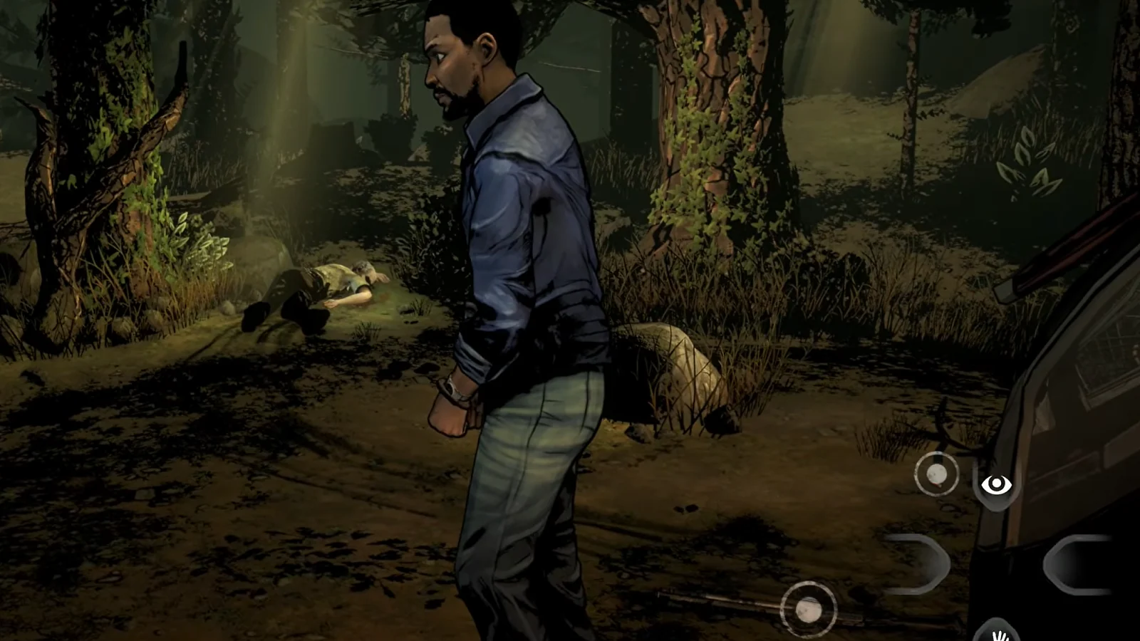 The Walking Dead gameplay showing Lee exploring a forest with dialogue options on screen.