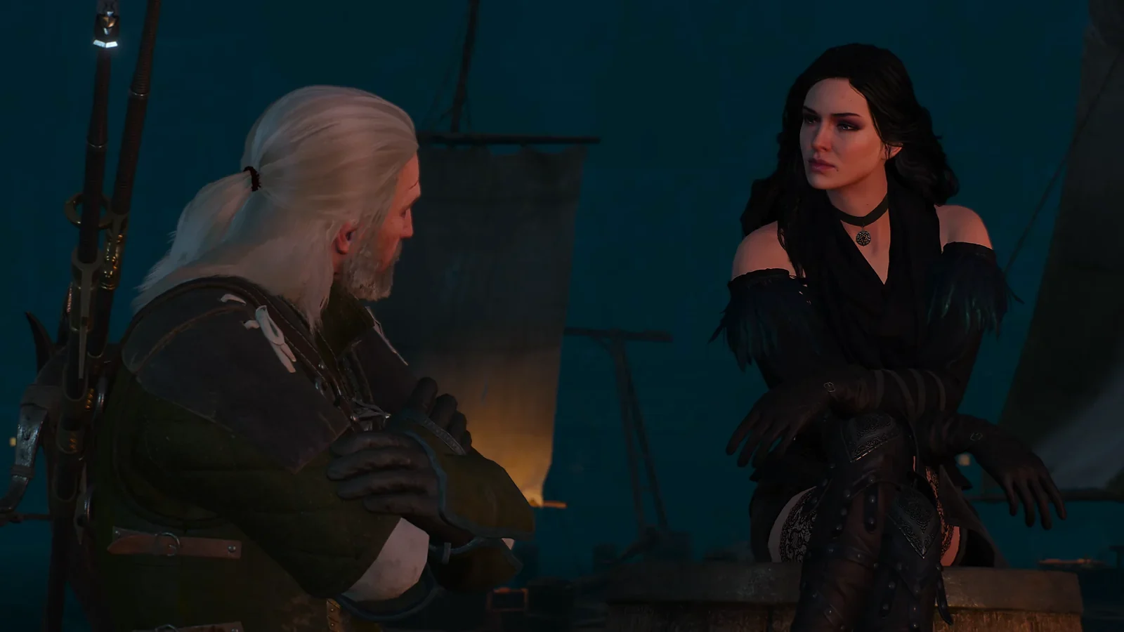 The Witcher 3 dialogue scene featuring Geralt speaking with a dark-haired woman.