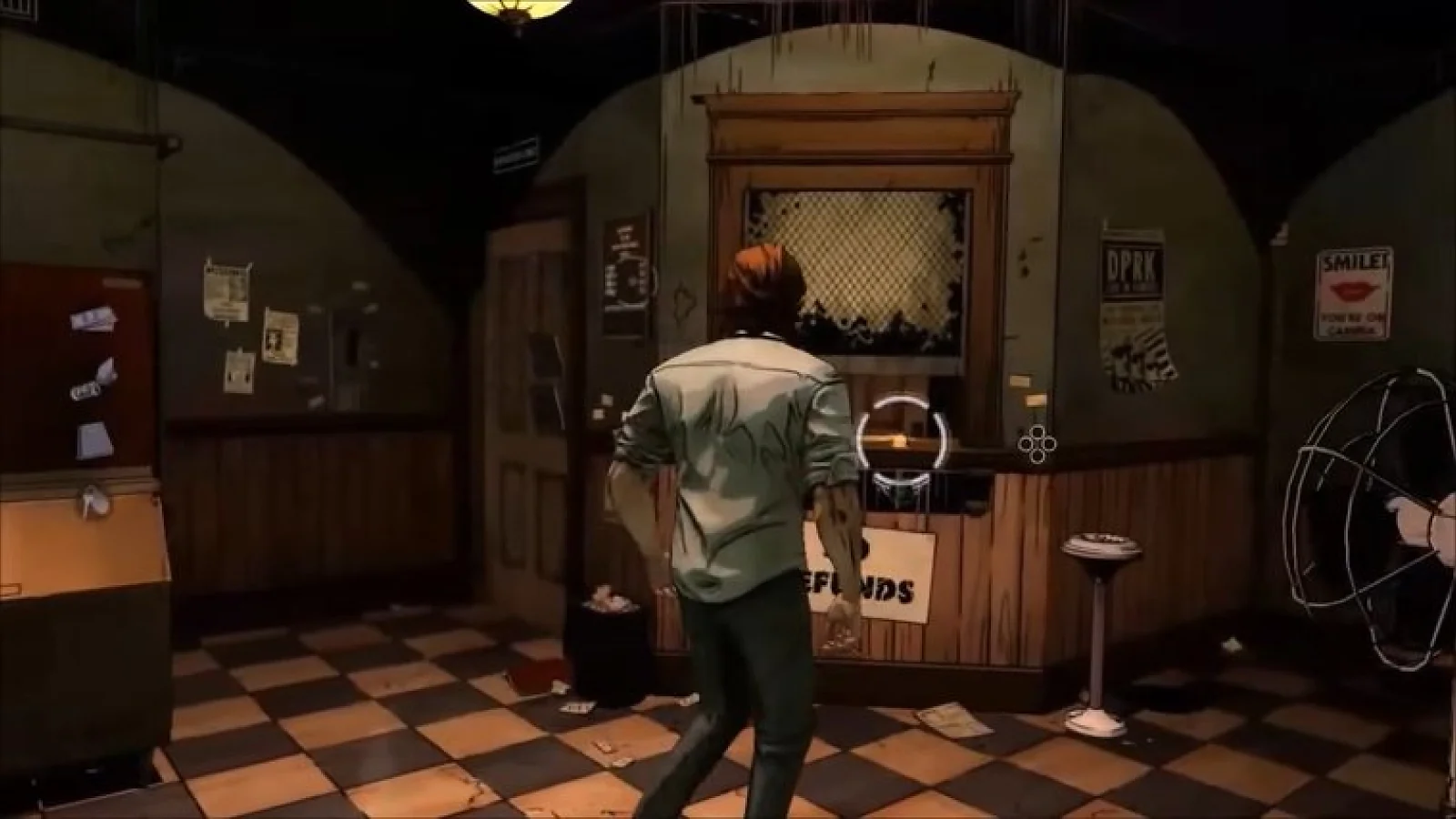 The Wolf Among Us gameplay showing Bigby investigating an apartment.