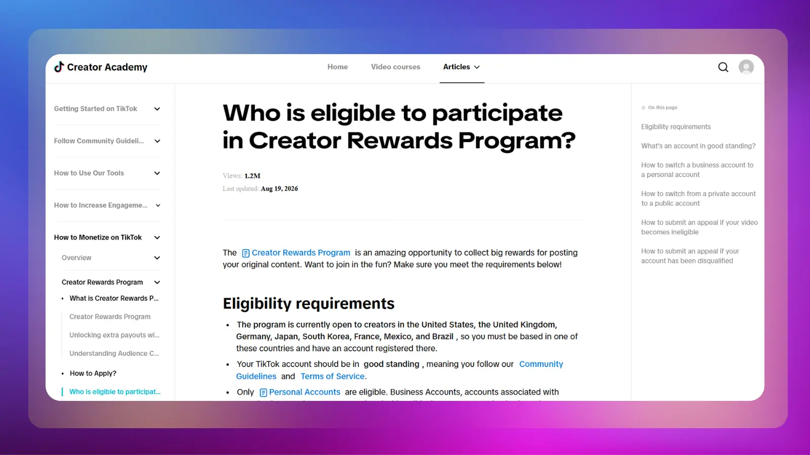 Página web de la Academia de creadores de TikTok en la que se muestran los requisitos de elegibilidad para el programa de recompensas para creadores