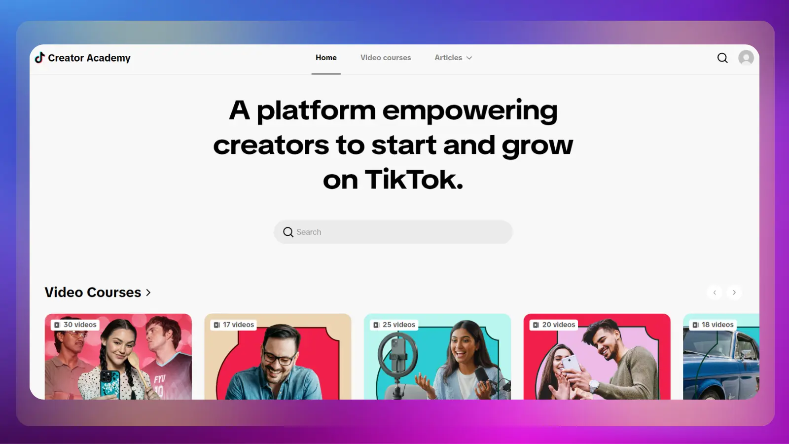 Página web de la Academia de creadores de TikTok, donde se muestran cursos en vídeo y recursos para creadores