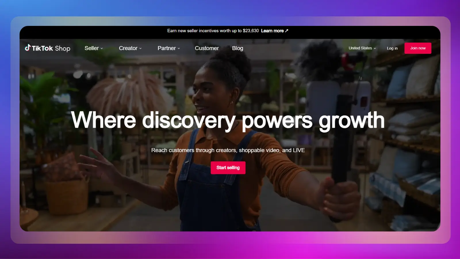 Página web de TikTok Shop, donde se muestran las herramientas para vendedores y el comercio para creadores