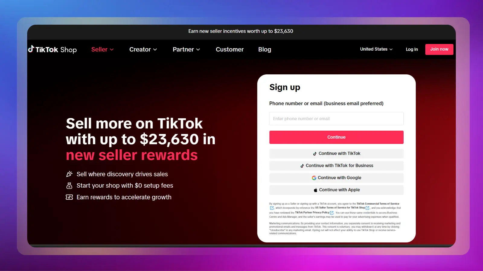 Página web de TikTok Shop en la que se muestra el proceso de registro de vendedores y las recompensas para los nuevos vendedores