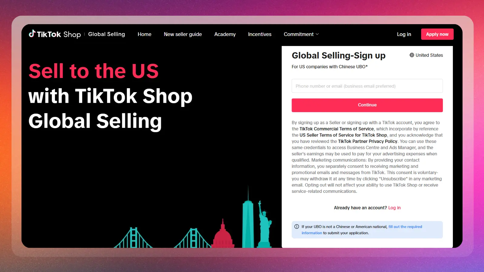 Página web de TikTok Shop dedicada a promover las ventas internacionales y el registro de vendedores
