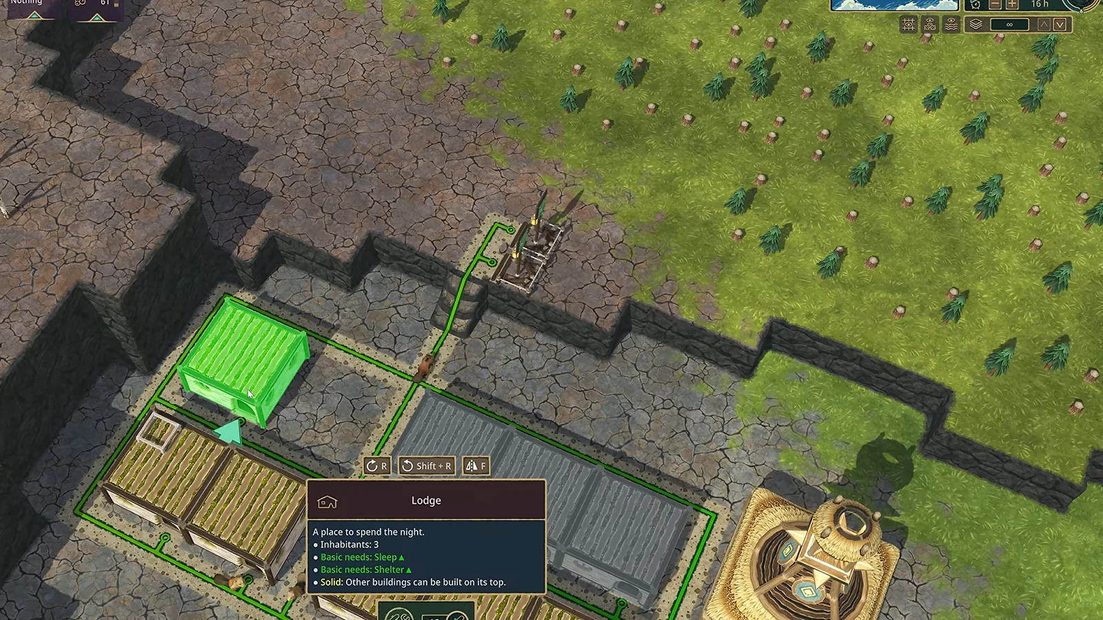 Timberborn gameplay showing a beaver settlement with lodges built on rocky terrain.