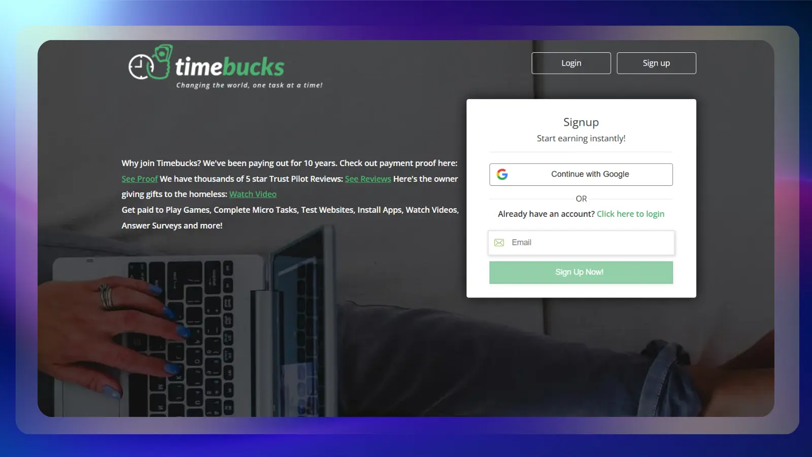 Página web de Timebucks que muestra formas de ganar dinero a través de juegos, tareas, vídeos y encuestas