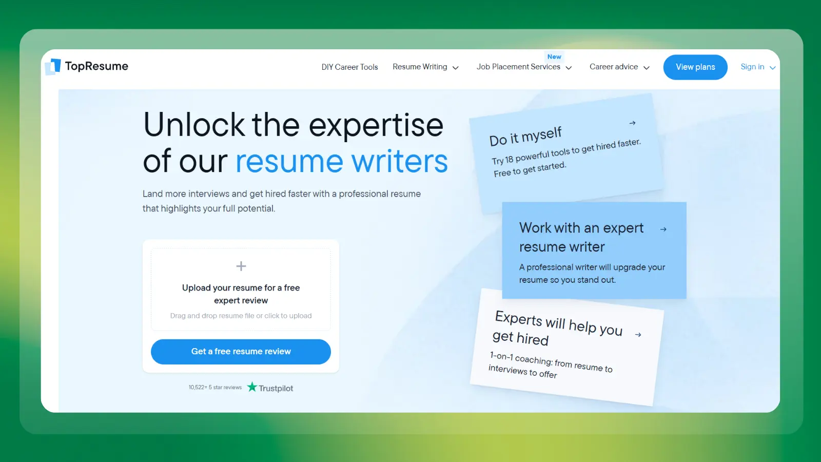 topresume website showing professional resume writing and career services