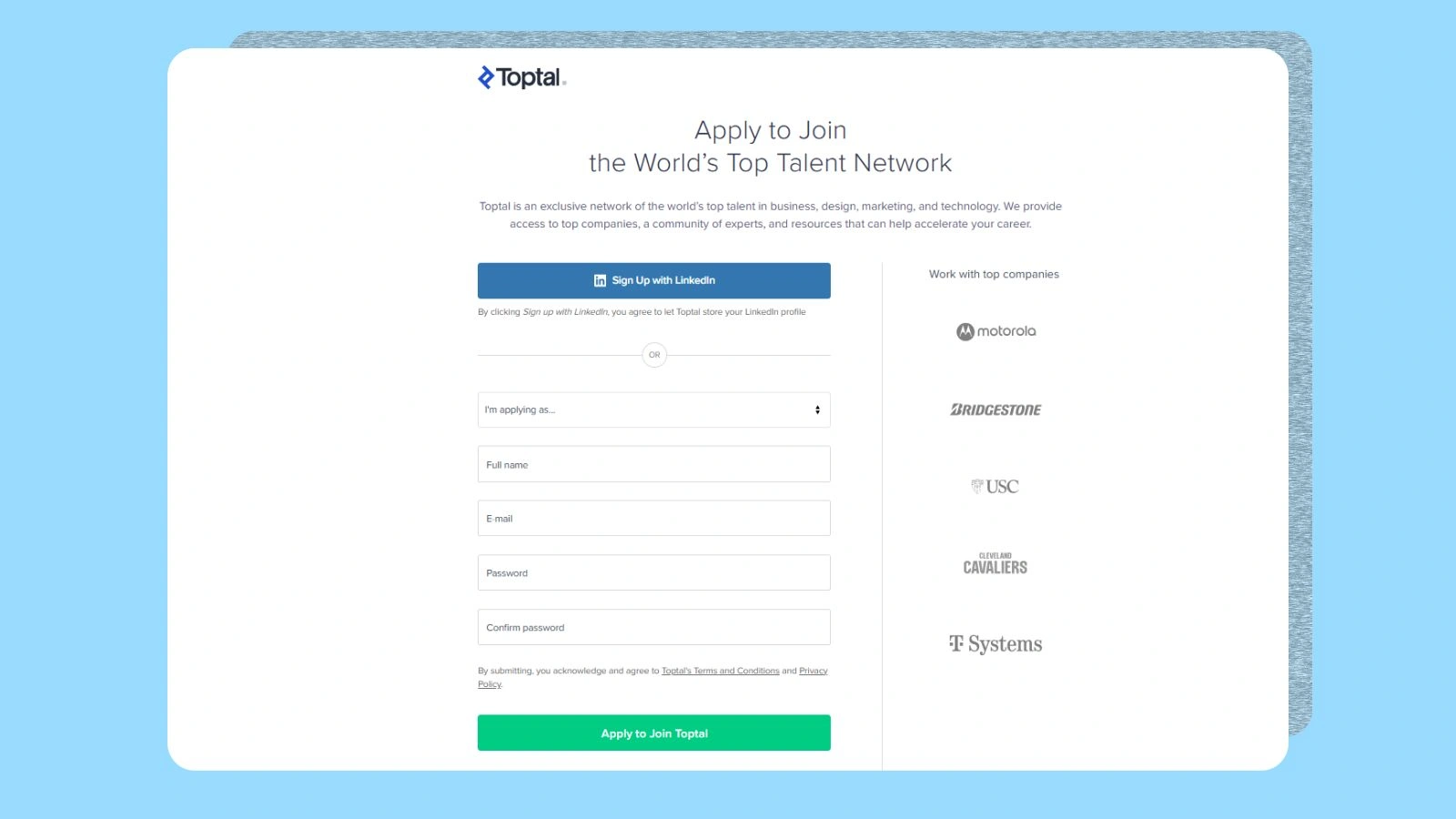 Toptal website sign up page