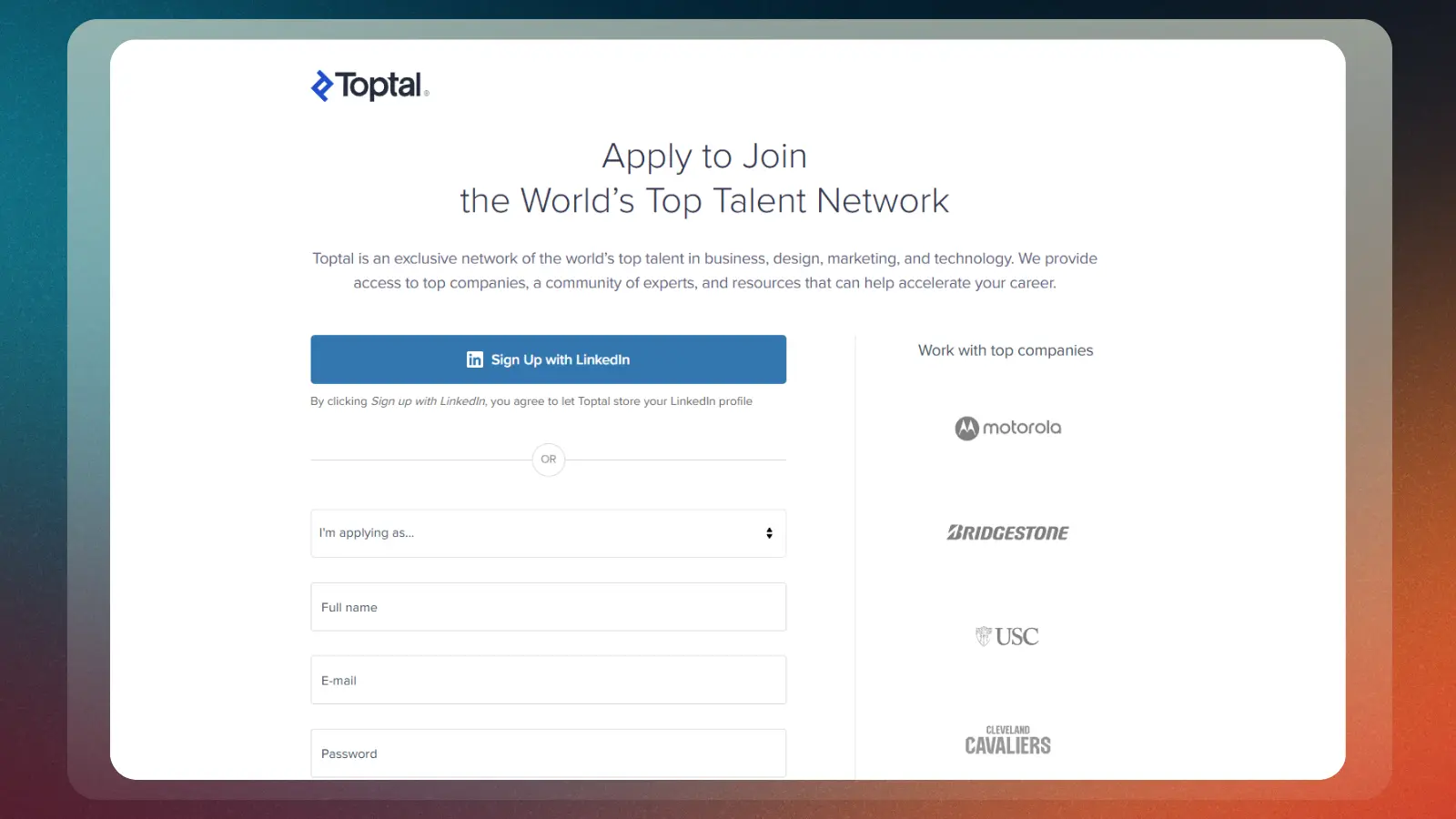 toptal website showing an application page for joining its talent network