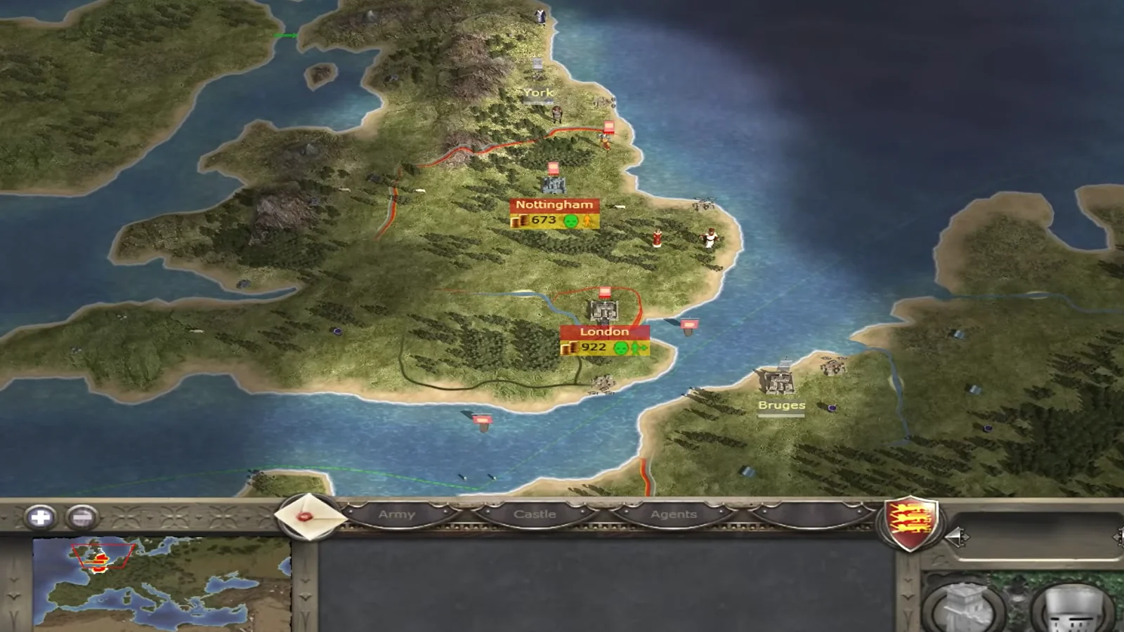 Mappa strategica della campagna che mostra gli eserciti e gli insediamenti in tutta l'Inghilterra medievale.
