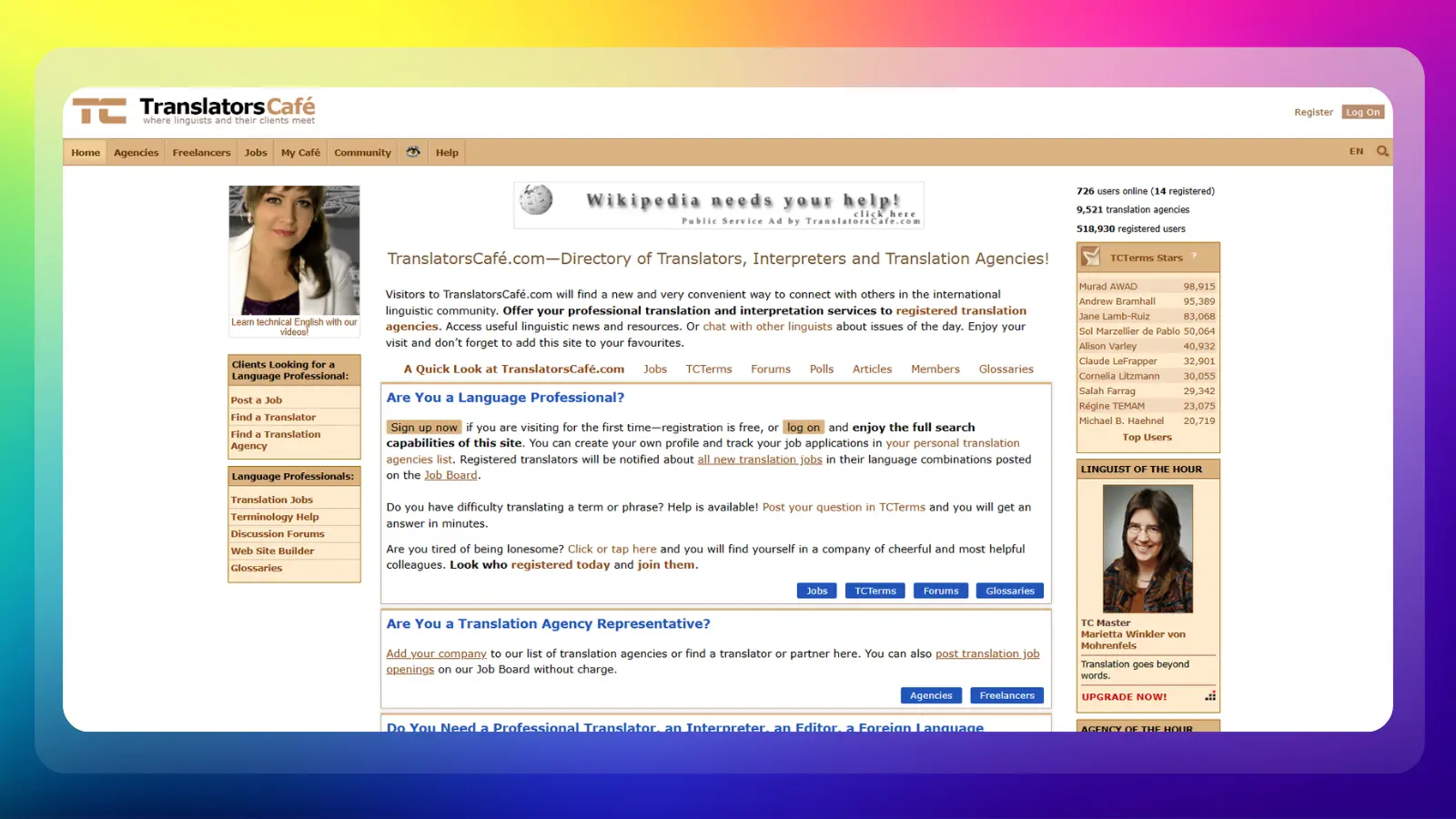 translators cafe website showing translation jobs and resources for language professionals