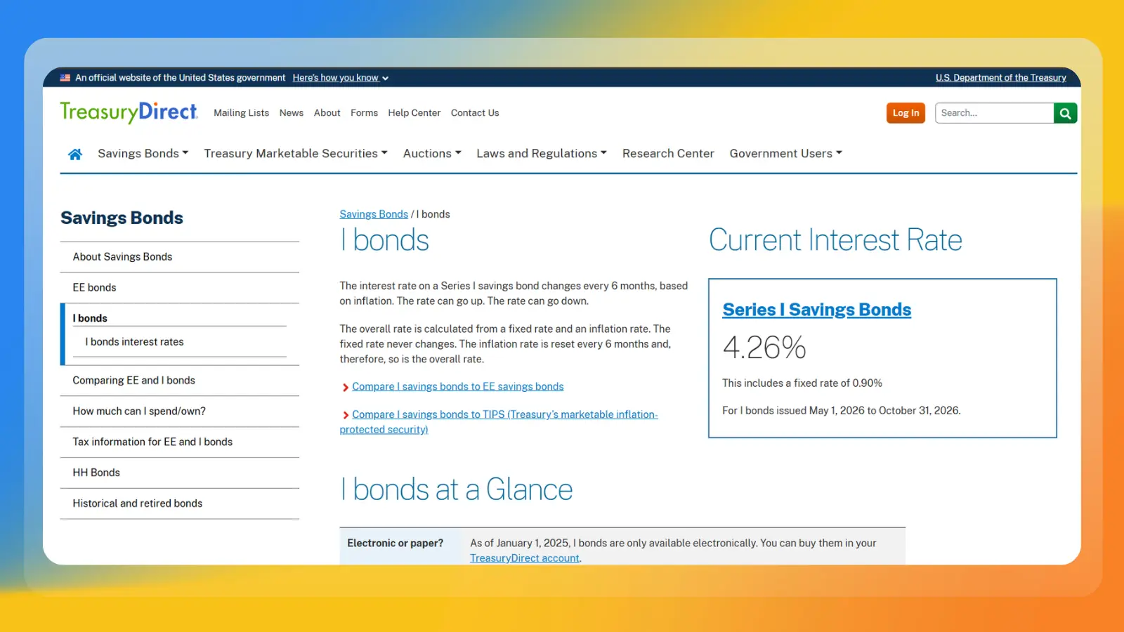 Página web de TreasuryDirect en la que se muestran los bonos de ahorro de la serie I y los tipos de interés actuales