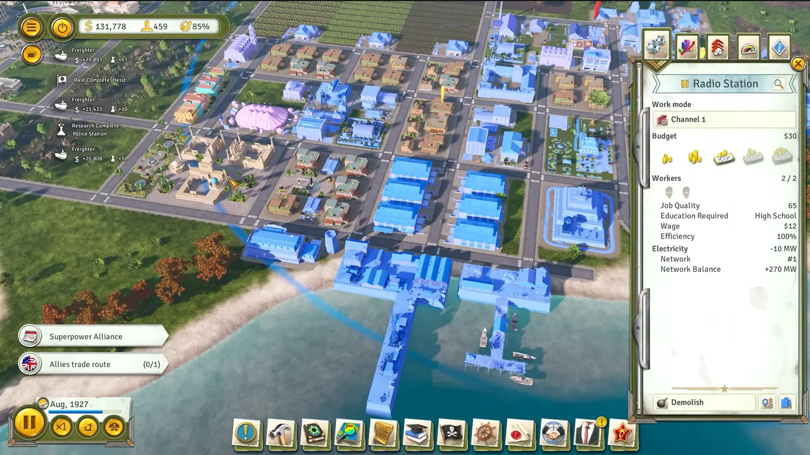 Tropico 6 gameplay showing a coastal city with buildings, roads, and a radio station management panel.