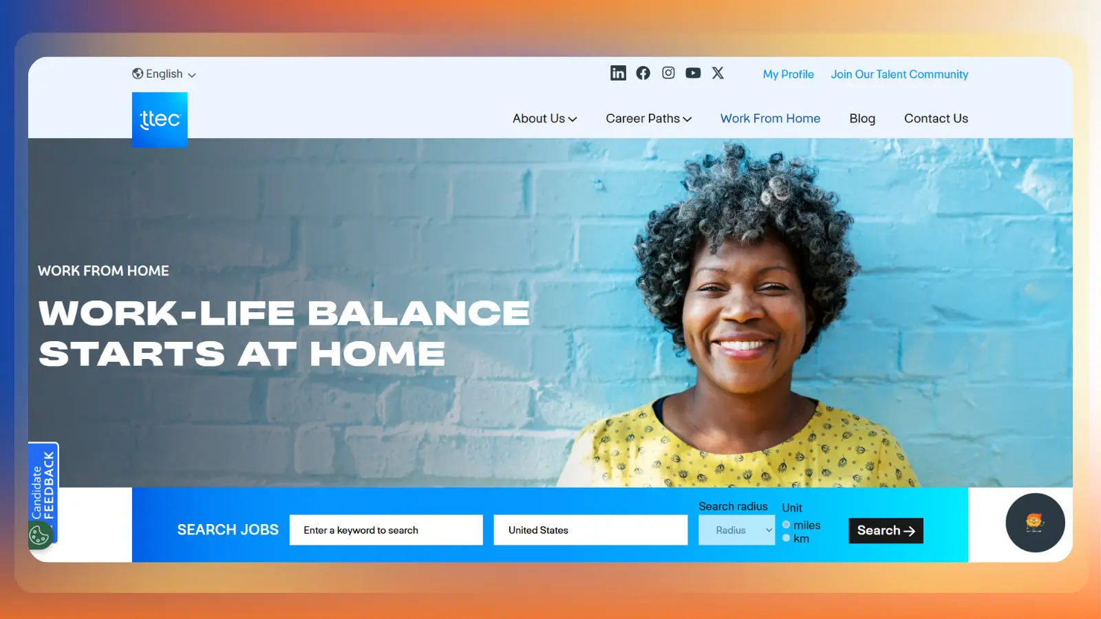 ttec website showing work from home opportunities and job search options