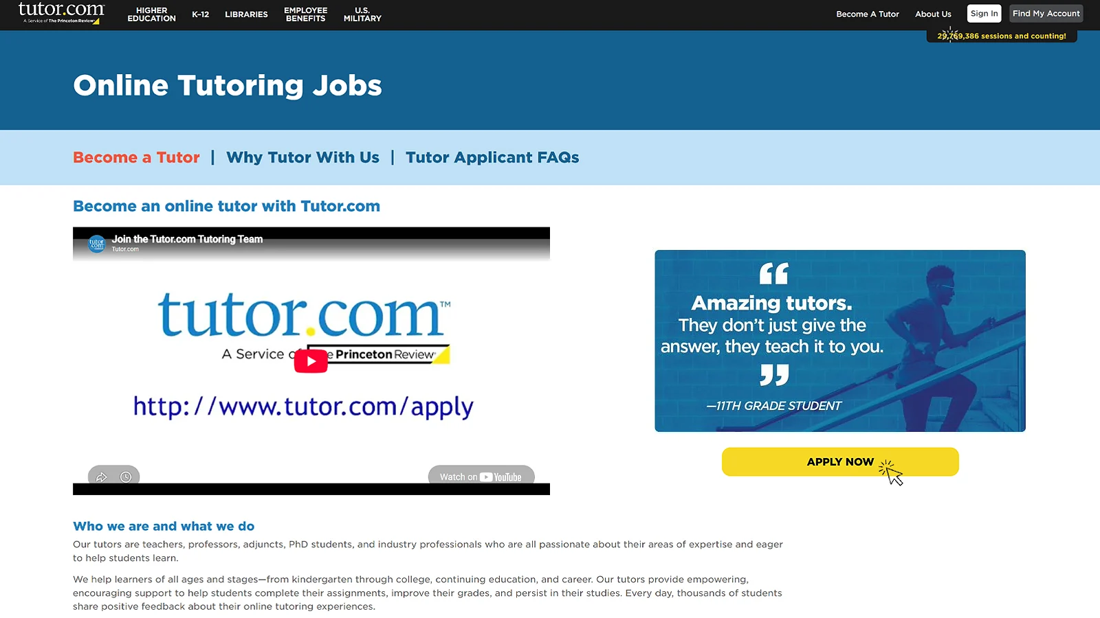 Tutor.com online tutoring jobs application page