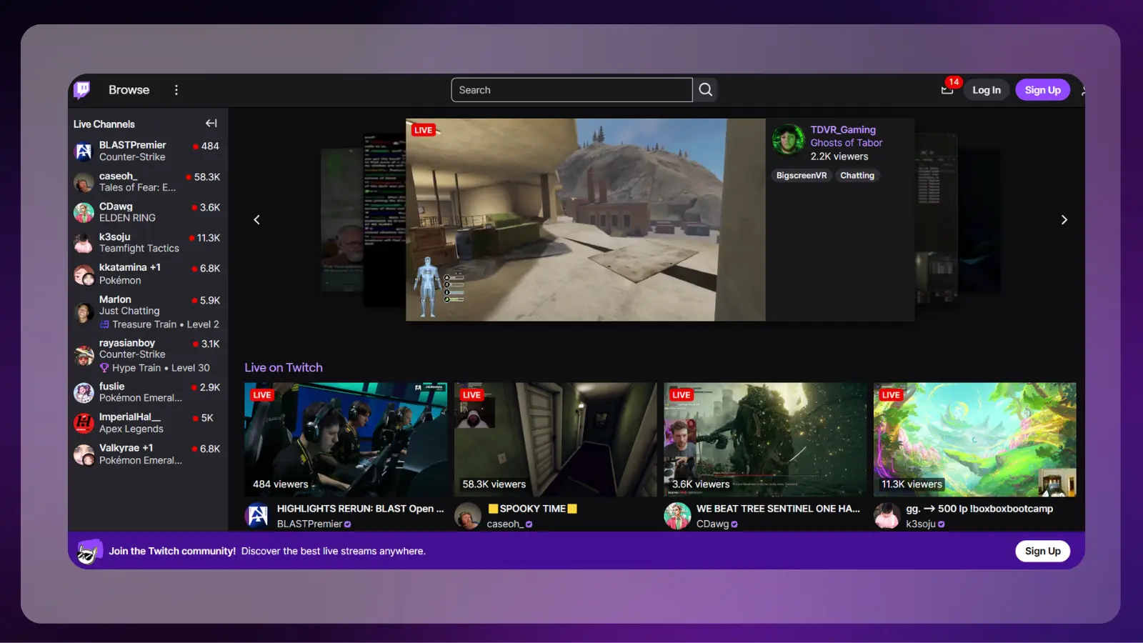 twitch website showing its live gaming platform with featured streams