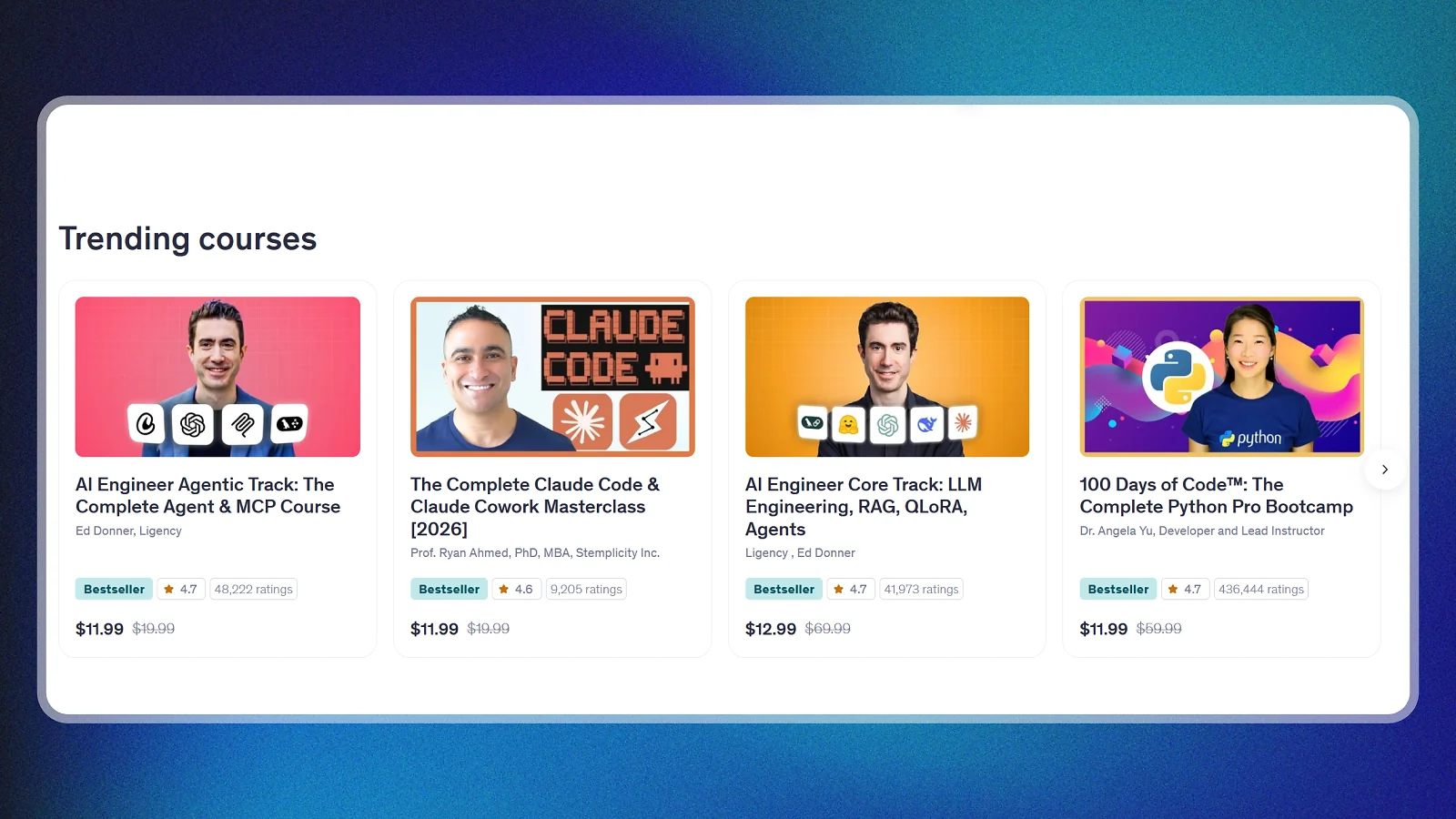 Udemy website showing trending courses