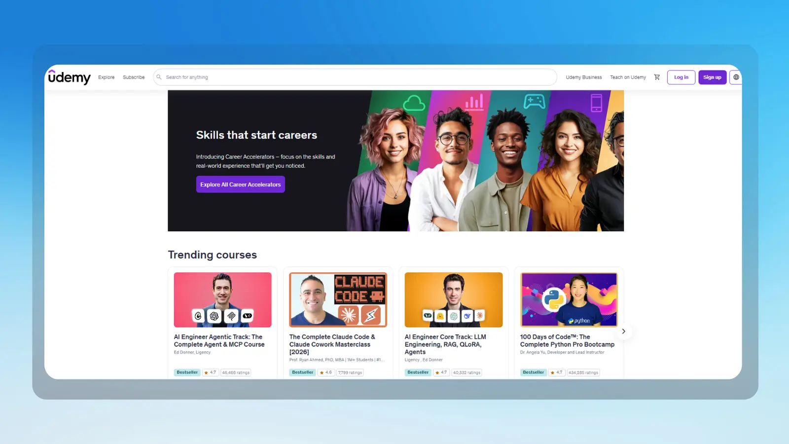 udemy website showing online courses career skills and trending courses