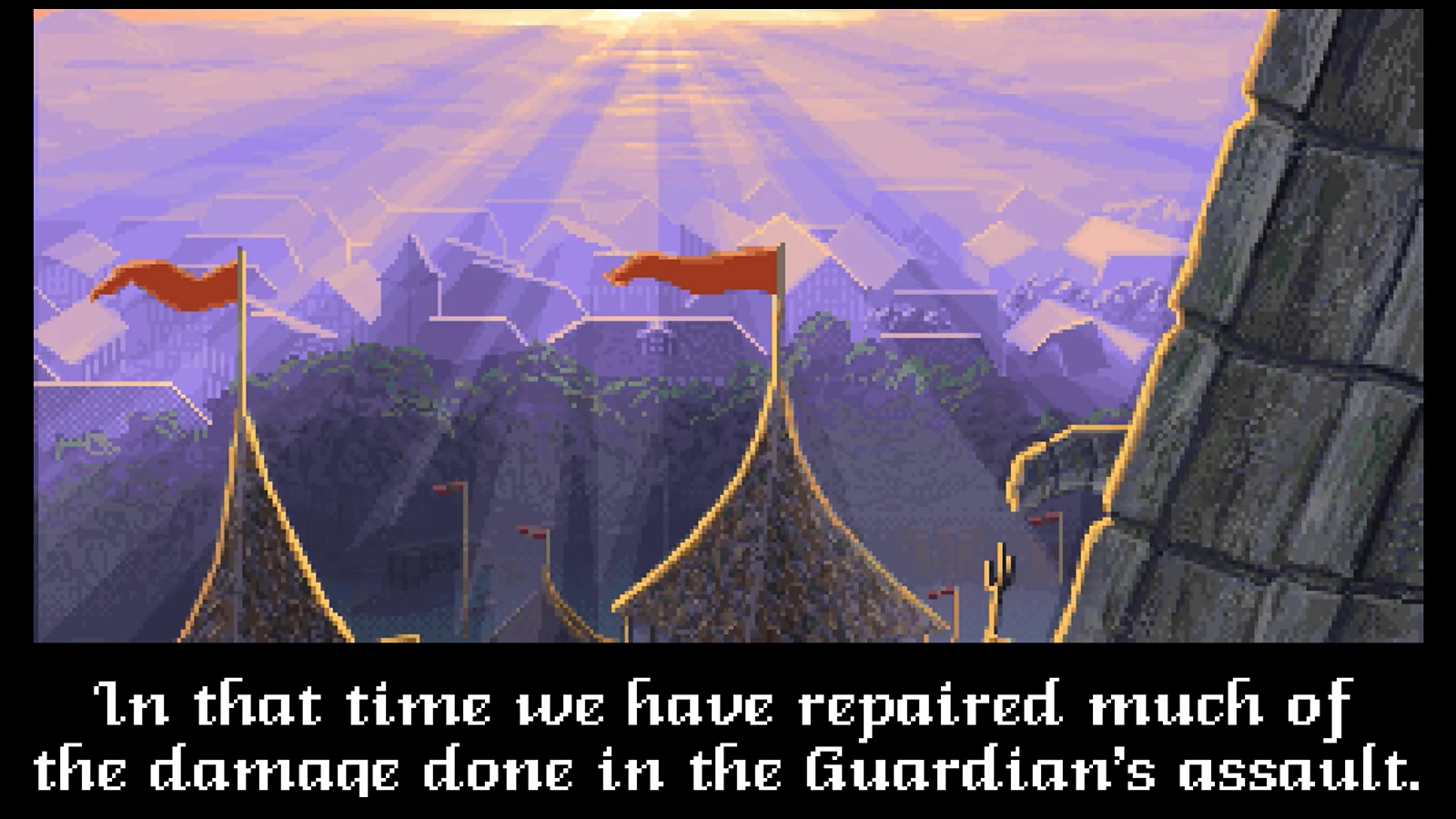 Retro first-person gameplay showing a purple dungeon landscape with on-screen narration.