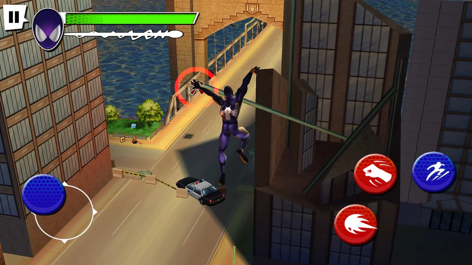 Symbiote Spider-Man web-swinging above a city street