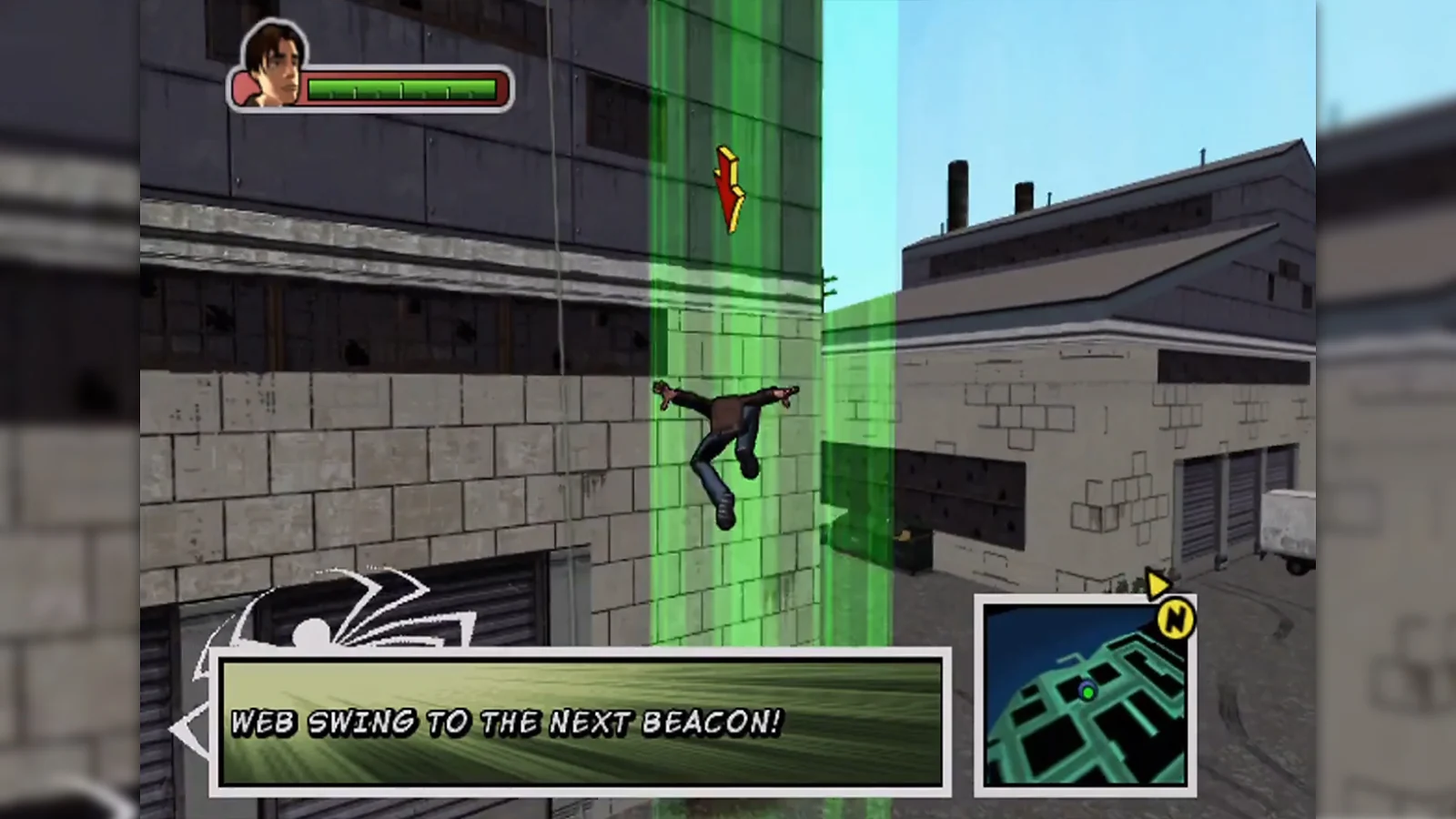 Peter Parker web-swinging toward a beacon