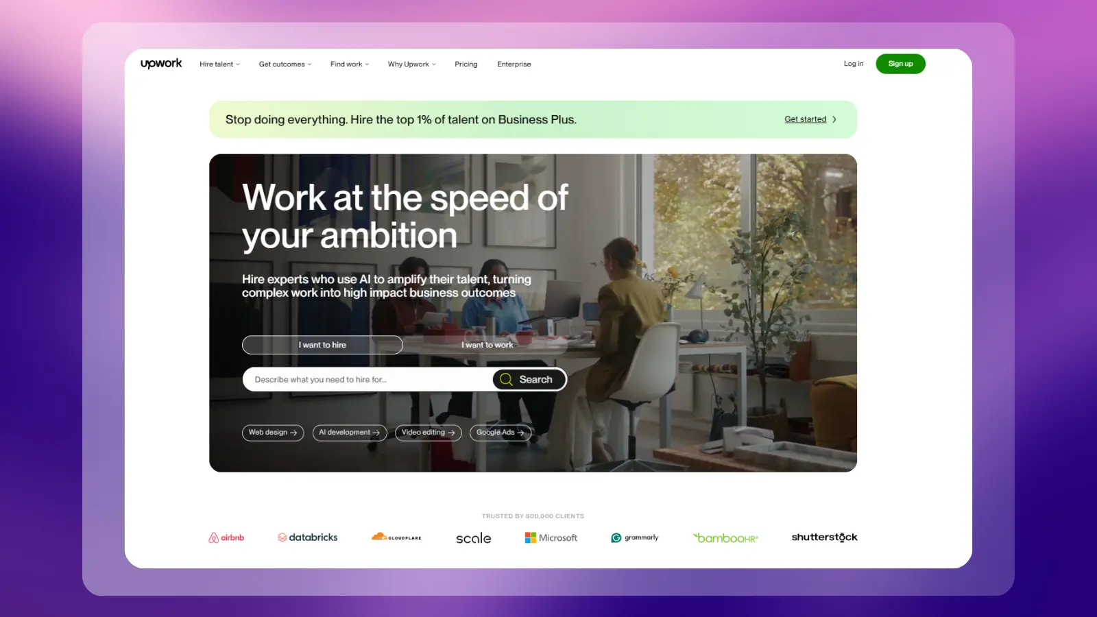 upwork website showing its freelance platform for finding work and connecting with clients