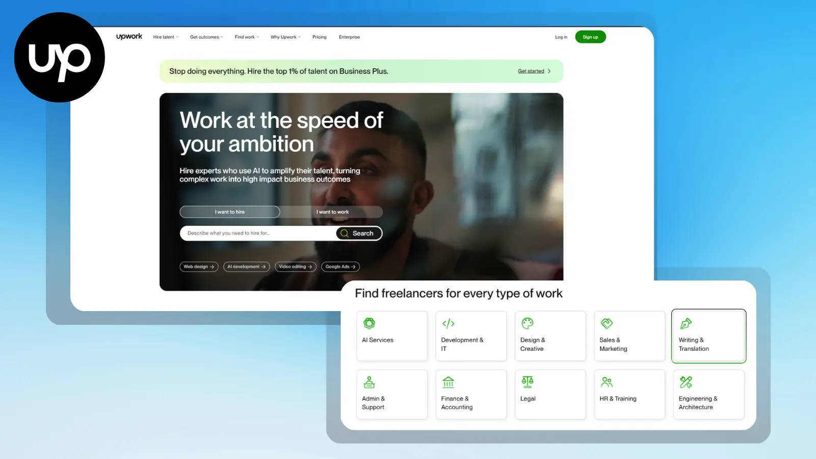 upwork website showing freelance talent services and categories for hiring
