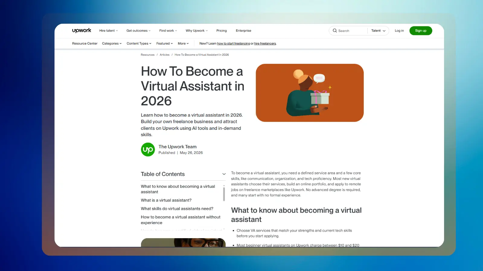 Página web de Upwork que ofrece una guía para convertirse en asistente virtual y encontrar trabajo como autónomo