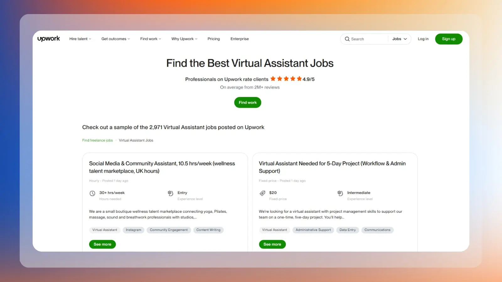Página web de Upwork en la que se publican ofertas de trabajo para asistentes virtuales