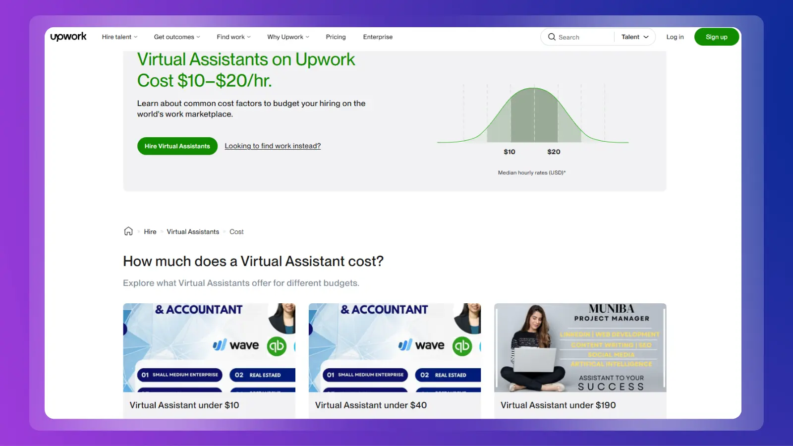 Plataforma Upwork en la que se muestran ofertas de trabajo como asistente virtual y las tarifas por hora