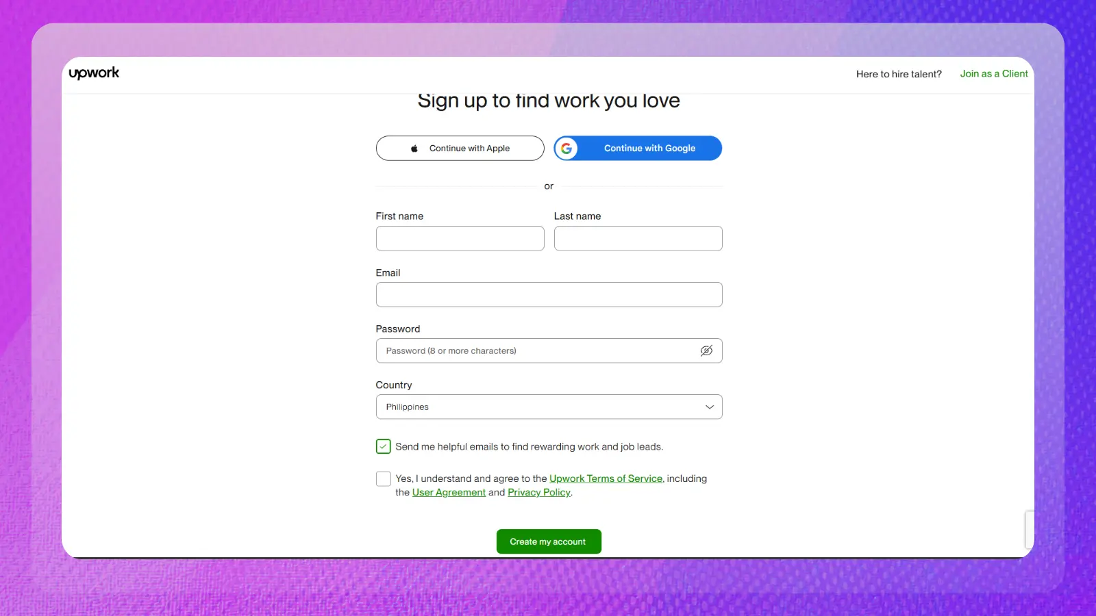 upwork website showing a signup page for finding freelance work