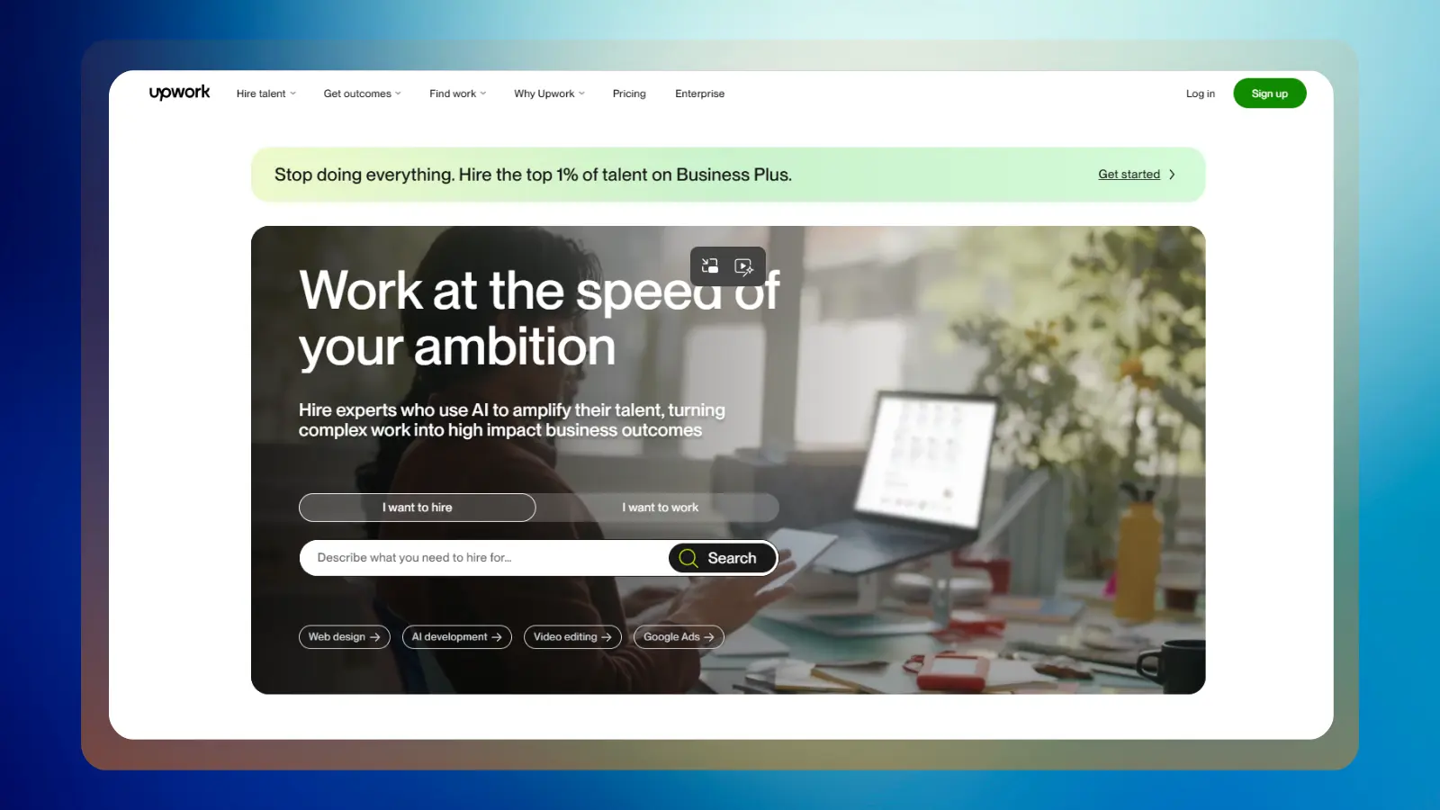 Página web de Upwork que ofrece oportunidades de trabajo como autónomo, donde los usuarios pueden encontrar trabajos y colaborar con clientes a distancia