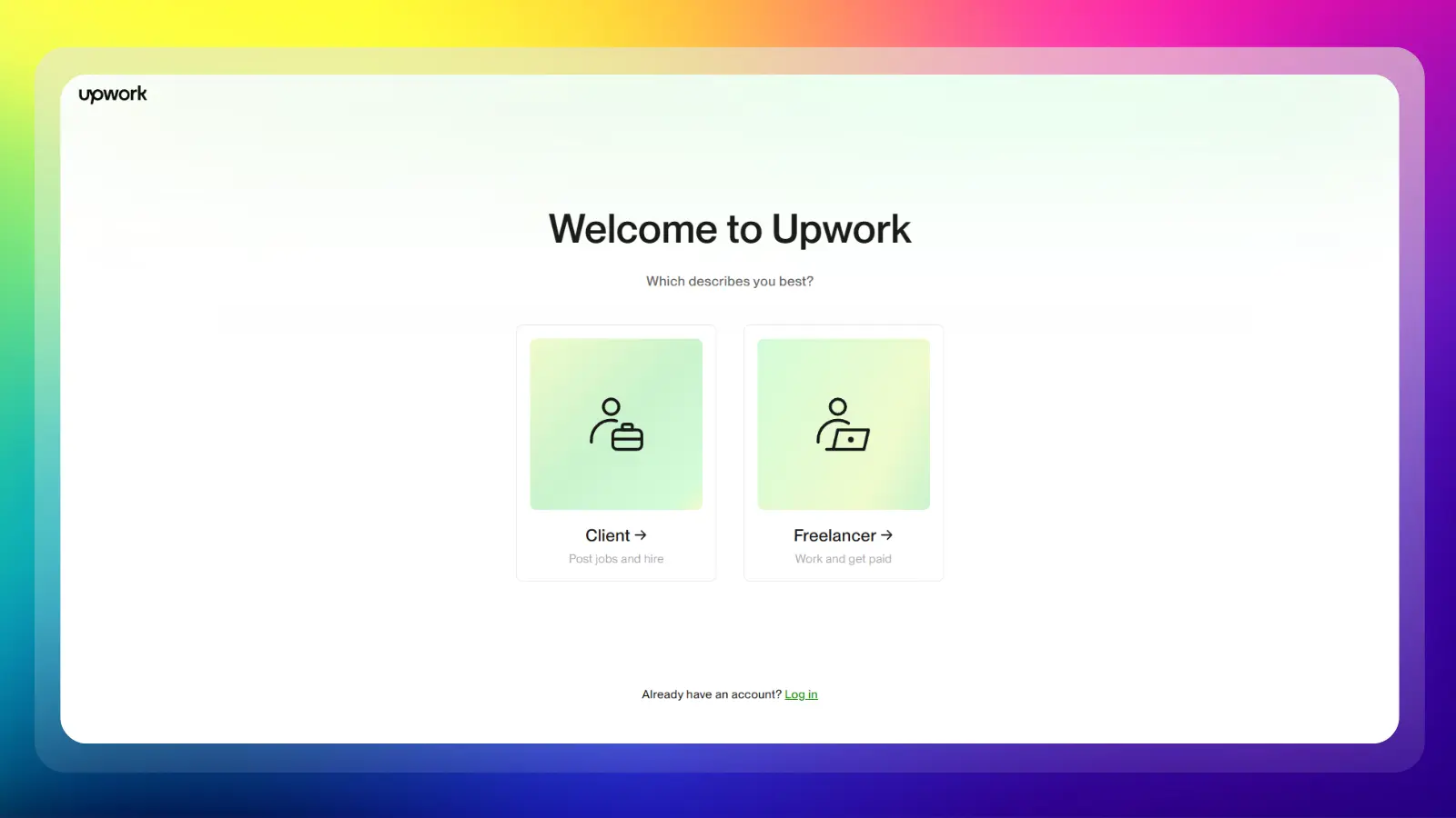 upwork website showing client and freelancer options for finding work